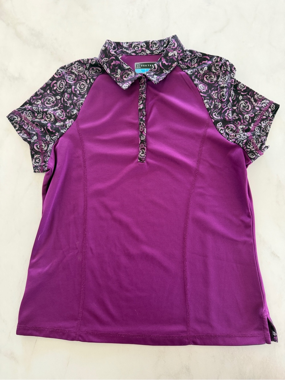 PGA Tour Purple Women's Floral-Trim Button Down Golf Top